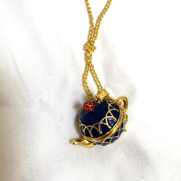 Cobalt Blue Enamel Painted Teapot Tea Pot Charm Pendant Yellow Gold-Tone - Picture 13 of 15